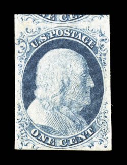 9, 1c Blue, Ty. IV, choice mint single, unusually fresh, strong color and impression, large to huge margins, showing a substantial portion of the adjoining stamp at top, full
o.g., small minor h.r., extremely fine a surprisingly elusive stamp t