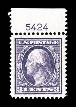 376, 3c Deep violet, Ty. I, a visually stunning top margin plate no. 5424 single, featuring enormously large margin all around and being virtually perfectly set within these
extravagant borders, but just as impressive is the stamps deep proofli