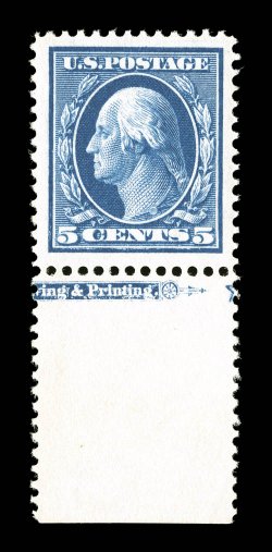 378, 5c Blue, an eye-catching jumbo, being a large bottom sheet margin partial imprint single, beautifully centered within absolutely huge margins on all four sides, plus it
possesses a spectacular dark intense color and sharp detailed impressio