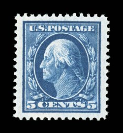 378, 5c Blue, a spectacular mint single, sporting huge margins all around and being impeccable well centered within these oversized borders, intense vibrant color and a
razor-sharp impression as well, pristine o.g., n.h., extremely fine gem a v