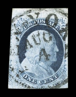 9, 1c Blue, Ty. IV, position 3R1L, recut twice at bottom, large to huge margins all around including an impressive top sheet margin, strong rich color and a clean impression,
town c.d.s. postmark, extremely fine 2006 PF certificate (XF 90 Jumbo