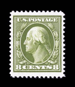 380, 8c Olive green, uncommonly well centered within enormously large margins, brilliantly rich color and a crisp impression, o.g., n.h., extremely fine jumbo 2008 PSE
certificate (XF 90 Jumbo SMQ $850.00 for 90 and $2,500.00 for 95).