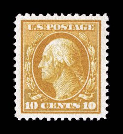 381, 10c Yellow, extraordinarily well centered within especially large margins, strong vibrant color and impression, o.g., lightly hinged, extremely fine gem.