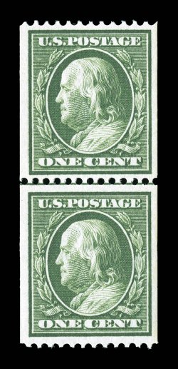 385, 1c Green coil, perf. 12 horiz., guide line pair, wonderfully fresh, sumptuously rich color and a deep impression on bright paper, exceptionally well centered, pristine
o.g., n.h., extremely fine an especially scarce line pair in this premi