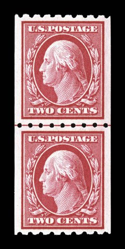 391, 2c Carmine coil, perf. 8 12 horiz., guide line pair, fabulously well centered within extravagantly large margins, even its guide line is perfectly positioned between the
two stamps, radiant color and a deeply etched impression, unblemished