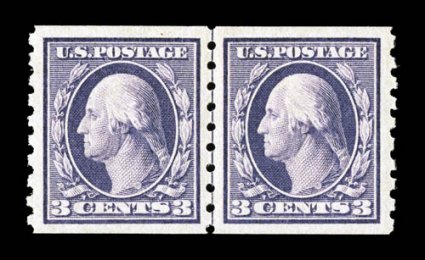 394, 3c Deep violet coil, perf. 8 12 vert., guide line pair, incredibly well centered within lavishly large margins, deep rich color, o.g., l.h., extremely fine a gem line pair
with magnificent margins 2001 PF certificate.