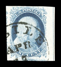 9, 1c Blue, Ty. IV, position 70L1, a fabulous used example, sporting enormous margins all around including a huge straddle margin at right and portions of the adjoining stamps
at left and bottom, marvelously rich color and a highly detailed impr