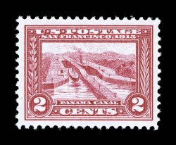 398, 2c Panama-Pacific, particularly well centered within large balanced margins, brilliantly fresh color and a crisp impression on bright white paper, unblemished o.g., n.h.,
extremely fine 2008 PSE certificate (XF-Superb 95 SMQ $380.00).