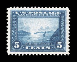 399, 5c Panama-Pacific, deep luxuriant color and a razor-sharp impression on crisp white paper, exceedingly well centered within particularly wide margins, flawless o.g., n.h.,
extremely fine and choice 1999 PF certificate.