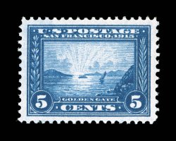 399, 5c Panama-Pacific, perfectly centered within wide margins, deep vibrant color and a strong impression, o.g., lightly hinged, extremely fine gem 2008 PSE certificate
(Superb 98 SMQ $500.00).