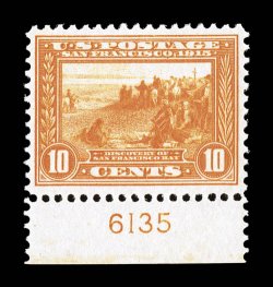 400A, 10c Panama-Pacific, orange, bottom margin plate no. 6135 single, brilliant color, uncommonly well centered and margined, o.g., n.h., extremely fine photocopy of a 1991 PF
certificate for a block of four, this being the bottom left stamp,
