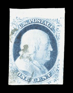 9, 1c Blue, Ty. IV, position 1L1, recut twice at bottom, four margins ranging from full to a huge sheet margin at top, lovely rich color and a clean crisp impression, lightly
cancelled, extremely fine 1975 PF certificate.