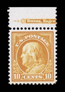 416, 10c Orange yellow, impressive top margin partial imprint single, outstanding centering within large margins, bright fresh color, flawless o.g., n.h., extremely fine 2008
PSE certificate (XF-Superb 95 SMQ $1,200.00).