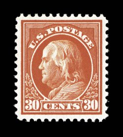 420, 30c Orange red, exceptionally well centered and margined, rich vibrant color, pristine o.g., n.h., extremely fine 1998 PF certificate and a 2008 PSE certificate (XF 90 SMQ
$825.00).
