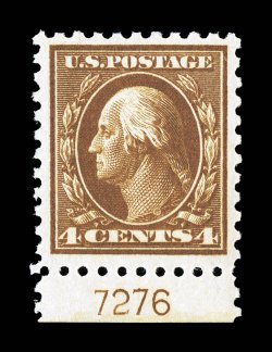 427, 4c Brown, gem bottom sheet-margin plate no. 7276 single, large balanced margins all around, sumptuously rich color and impression, unblemished o.g., n.h., extremely fine
and handsome 2001 PF certificate.