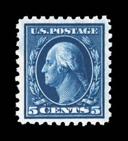428, 5c Blue, exceptionally well centered and margined, deep intense color and impression, o.g., n.h., extremely fine 2007 PSE certificate (XF 90 SMQ $290.00).