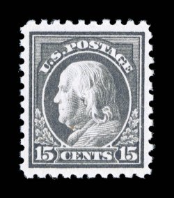 437, 15c Gray, an especially handsome mint example that is extraordinarily well centered within uncharacteristically large margins, rich color on fresh paper, o.g., n.h.,
extremely fine 1995 PF certificate for block of four, this being the bott