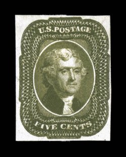 12TC5, 5c Trial color plate proofs on wove paper, three lovely examples in all different colors (Pale brown, Olive green & Deep orange), fresh on bright white paper, mostly
ample to full margins, fine to very fine.