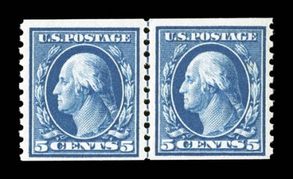447, 5c Blue flat plate coil, perf. 10 vert., guide line pair, nicely centered, deep rich color and impression, pristine o.g., n.h., very fine 2002 PF
certificate.