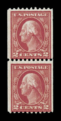 449, 2c Red rotary coil, Ty. I, perf. 10 horiz., rare mint pair, strong color in the characteristic genuine shade, o.g. which is probably unhinged but has been slightly sweated
so we are offering as hinged, the pair has been lightly folded in th