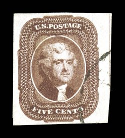 12, 5c Red brown, used, large to huge margins all around including a straddle margin at right, strong color and impression, light face-free cancel, tiny thin spot, extremely
fine appearance 1982 PF certificate.