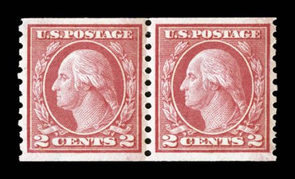 454, 2c Red rotary coil, Ty. II, perf. 10 vert., pair, incredibly well centered, vibrant color, o.g., n.h., extremely fine a coil pair for the perfectionist 2000 PF
certificate.