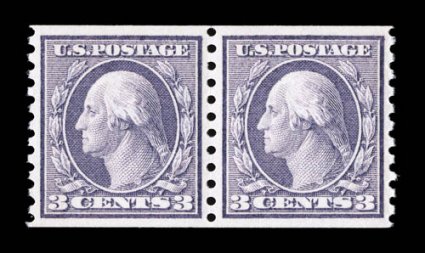 456, 3c Violet rotary coil, Ty. I, perf. 10 vert., a magnificent mint pair, being in the finest attainable quality, flawlessly centered amid large margins, exceedingly fresh,
with marvelously rich color on crisp paper, pristine o.g., n.h., super