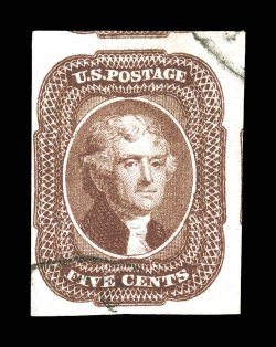 12, 5c Red brown, used, ample to extra-large margins all around, strong rich color, unusually light and face-free cancel, very fine 1986 PF certificate.