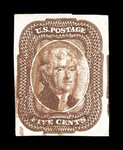 12 var., 5c Red brown, defective transfer, position 23R1, which is the only position to show this variety, four full to large margins, rich color, cancelled solely by a light
red grid postmark which is most uncommon on this stamp, choice ver