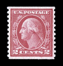 492, 2c Carmine coil, Ty. III, perf. 10 vert., gem mint single, perfectly centered, deep intense color and impression, o.g., n.h., extremely fine actually a most challenging
stamp to find in this extraordinary quality 2008 PSE certificate (Sup