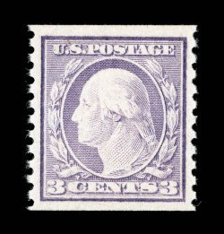 493, 3c Violet coil, Ty. I, perf. 10 vert., a true gem mint single of this surprisingly challenging coil, beautifully centered amid lavishly large margins which are most
uncharacteristic, bright color on crisp paper, immaculate o.g., n.h., extre
