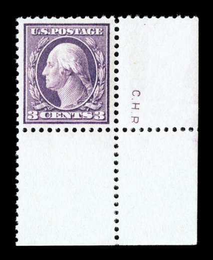 501, 3c Light violet, Ty. I, a visually striking bottom right corner sheet-margin single with plate engravers initials, incredibly fresh with vivid color, uncommonly large and
even margins, o.g., n.h., extremely fine 1989 PF certificate for a