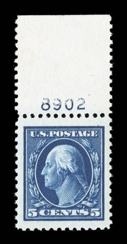 504, 5c Blue, a spectacular top margin plate no. 8902 single, possessing immense margins on all four sides and being incredibly well centered within these amazing borders, plus
its color is truly stunning, being the most deep and intense we have