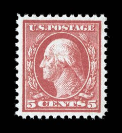 505, 5c Rose error, a lovely mint single of this always popular error, marvelously bright and fresh, exceptionally well centered within unusually large margins, rich color,
o.g., n.h., diagonal gum bend (probably why this was not graded 95), ext