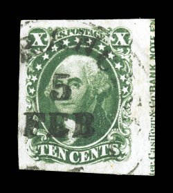 14, 10c Green, Ty. II, position 60R1, striking used single that possesses large to huge margins around, with a large portion of the imprint showing in the right sheet margin,
deep intense color and impression, town c.d.s. postmark, extremely