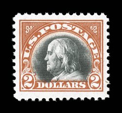 523, $2.00 Orange red and black, uncharacteristically well centered within lavish margins all around, lovely bright colors, o.g., n.h., certificate mentions a natural paper
inclusion at bottom right (which is why the grade is unexpectedly low),