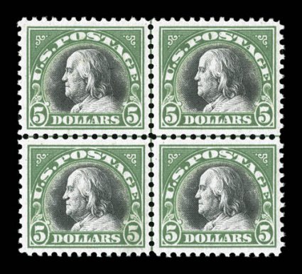 524, $5.00 Deep green and black, an outstanding center line block of four, remarkably well centered throughout the block, rich vibrant colors and crisp detailed impressions,
pristine o.g., n.h., extremely fine an especially handsome position bl