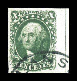 14, 10c Green, Ty. II, position 60L1, being an impressive used right margin single, with guide line in the large straddle margin, other three margins large and even, strong
color and a sharp impression, face-free town cancel, extremely fine 198