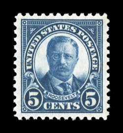 557, 5c Dark blue, uncharacteristically well centered within wide margins, strong color and impression, o.g., n.h., extremely fine 2008 PSE certificate (XF-Superb 95 SMQ
$410.00).