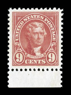 561, 9c Rose, exceptionally choice bottom sheet-margin single, wonderfully well centered within extraordinarily large margins, impressively rich color, pristine o.g., n.h.,
extremely fine jumbo 2008 PSE certificate (XF-Superb 95 Jumbo SMQ $250