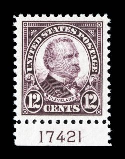 564, 12c Brown violet, striking bottom margin plate no. 17421 single, perfectly centered amid lavishly large margins, sumptuously rich color and a highly detailed impression,
unblemished o.g., n.h., extremely fine a most impressive large-margin