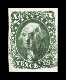 14, 10c Green, Ty. II, used, large balanced margins on all four sides, especially deep color and a razor-sharp impression, light grid cancel, extremely fine 2006 PF certificate
and a 2008 PSE certificate (XF 90 SMQ $415.00).