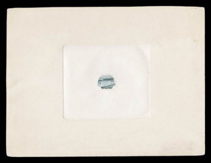 568-E2, 25c Niagara Falls vignette, large die essay on India, in issued green, die sunk on full size card measuring 202x153, being the adopted vignette for the 25c value and
the frame removed by cutting away all of the surrounding India, control