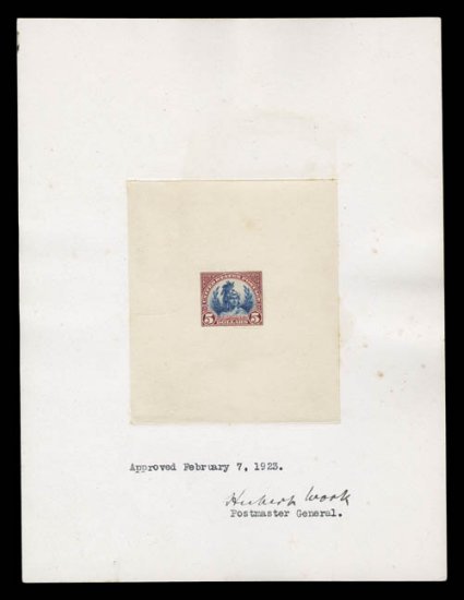 570P1-573P1, 50c-$5.00 1922 Issue, large die proofs on India, each die sunk on full size card measuring approximately 201x151mm, each is dated and signed by Postmaster General
Herbert Work, quite fresh except $5.00 with a few minor toned spots (