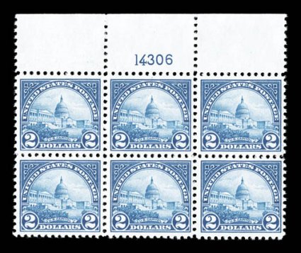 572, $2.00 Deep blue, top margin plate no. 14306 block of six, quite well centered, strong rich color on clean white paper, o.g., n.h., very fine.