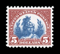 573, $5.00 Carmine and blue, beautifully centered and margined, bright fresh colors, o.g., n.h., extremely fine 2007 PSE certificate (XF-Superb 95 SMQ
$770.00).