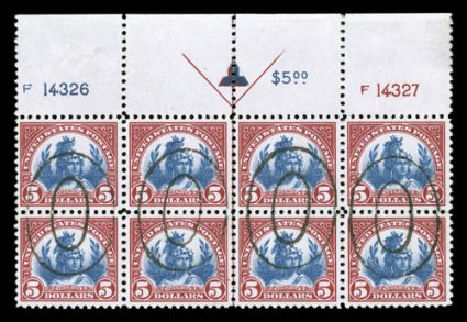 573, $5.00 Carmine and blue, used full top margin arrow and plate nos. F14326, F14327 block of eight, impressively rich colors, well centered, muted oval cancels, some minor
wrinkles as expected, very fine and quite unusual.