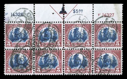 573, $5.00 Carmine and blue, another used top margin arrow and plate nos. F14326, F14327 block of eight, strong rich colors, Los Angeles registry cancels, a couple trivial
creases and some light soiling in the right of the selvage, otherwise ver