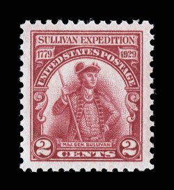 657, 2c Sullivan Expedition, marvelously well centered within extravagantly large margins, deep intense color and impression, o.g., n.h., extremely fine a large-margined gem
2008 PSE certificate (Superb 98 Jumbo SMQ $190.00 for 98, the highes