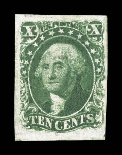 16, 10c Green, Ty. IV, position 54L, recut at bottom, an exceptional quality used example of this rare type, boasting numerous eye-arresting attributes, including large to
extravagantly large margins all around, its color is especially strong an